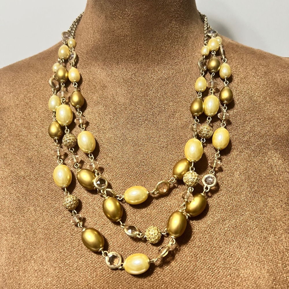 Talbots Triple Strand Faux Pearl Gold Tone Bead Layered Necklace 22" Cottagecore
